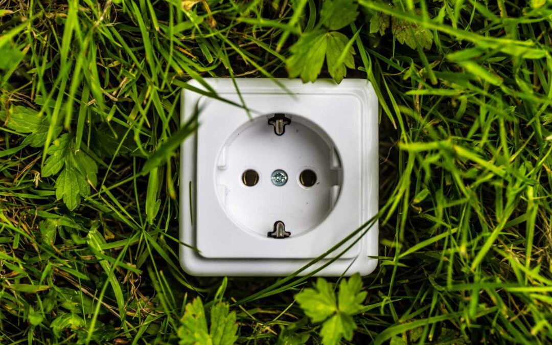 Weiße Steckdose auf Wiese- Close Up