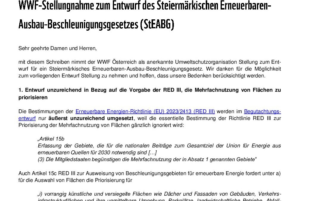 2025 WWF Österreich Stellungnahme Entwurf Steiermärkisches Erneuerbaren-Ausbau-Beschleunigungsgesetz