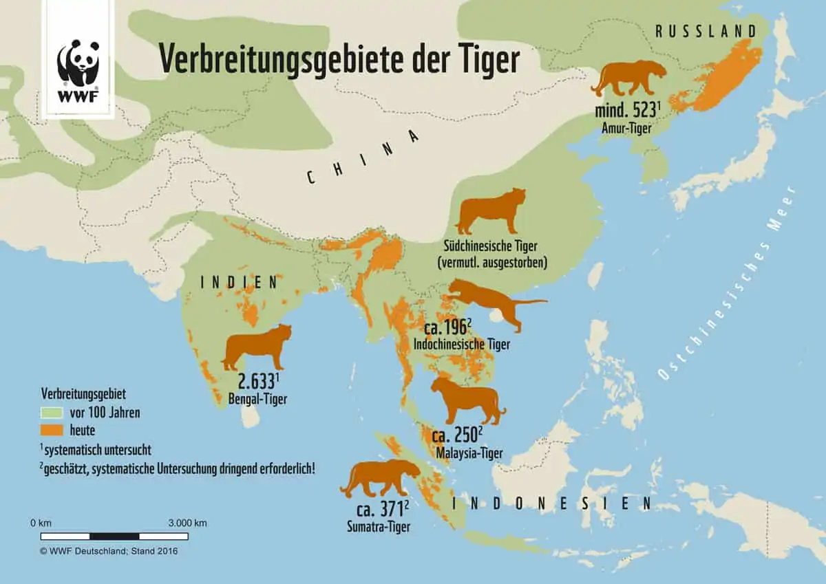 Karte: Verbreitungsgebiete der Tiger, Stand 2016, © by WWF Deutschland Karte: Verbreitungsgebiete der Tiger, Stand 2016, © by WWF Deutschland