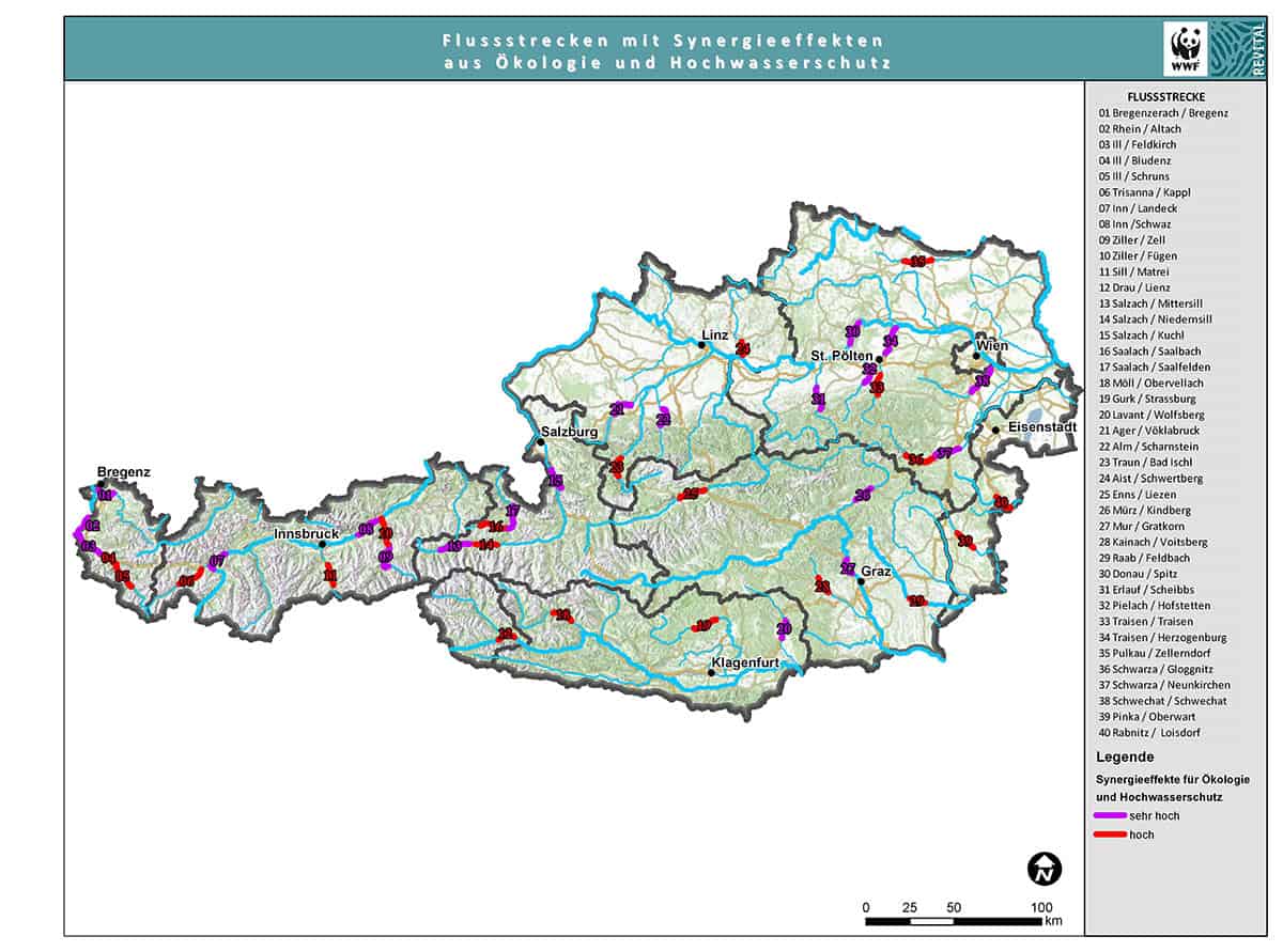 Prioritäre Flussstrecken: 40 Strecken an 31 Flüssen, wo Hochwasserschutz-  und ökologische Sanierungsmaßnahmen gleichzeitig durchgeführt werden sollten , © by WWF