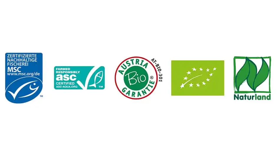 Gütesiegel und Logos für nachhaltige Fischerei, © by MSC / ASC / Austria Bio Garantie / EU / Naturland