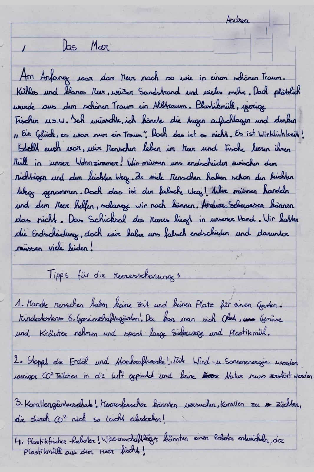 Andrea B. hat diesen Aufsatz "Das Meer" geschrieben, © by privat Andrea B. hat diesen Aufsatz "Das Meer" geschrieben, © by privat