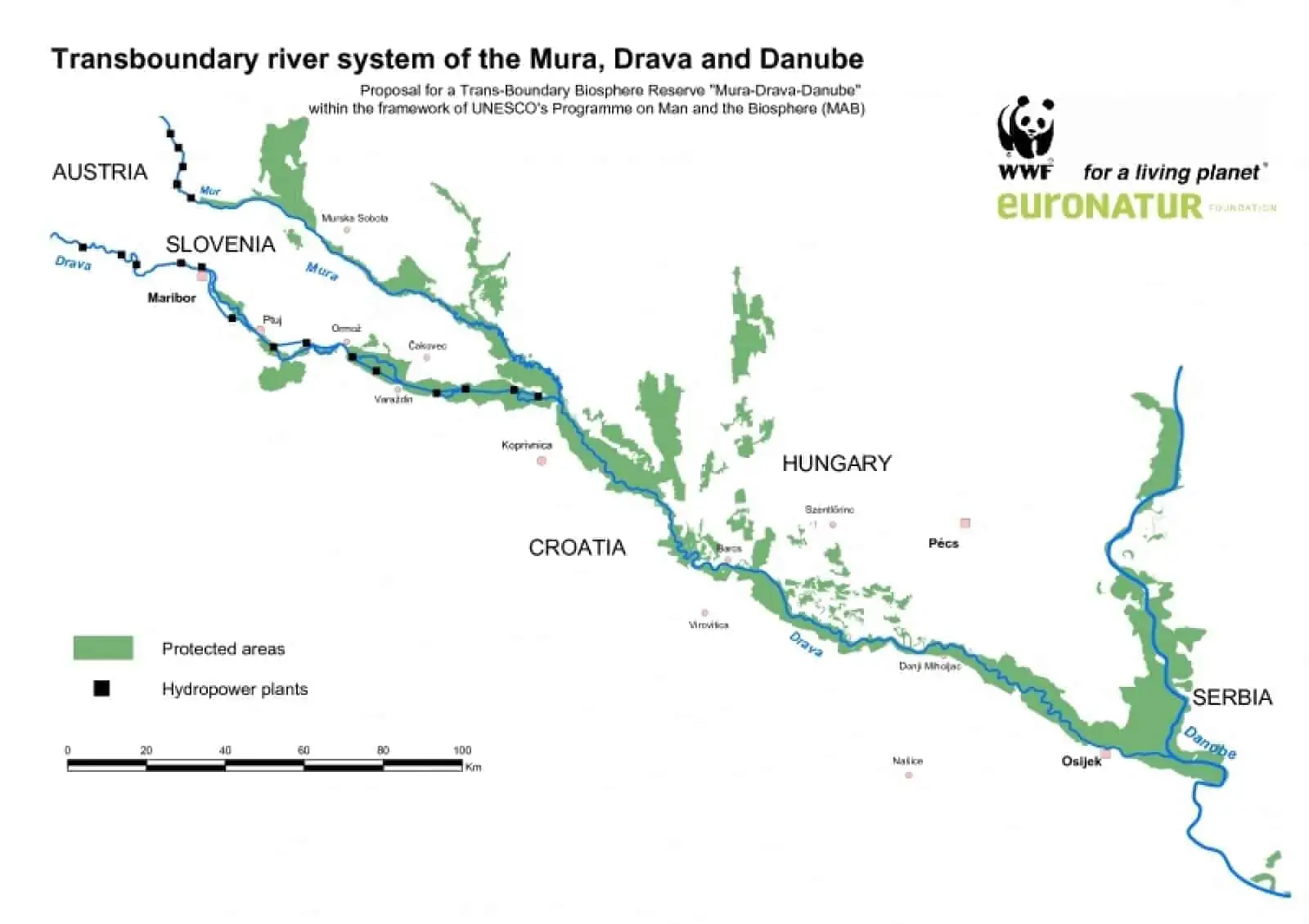 Karte des grenzüberschreitenden Flusssystems Mur-Drau-Donau, © by WWF Karte des grenzüberschreitenden Flusssystems Mur-Drau-Donau, © by WWF