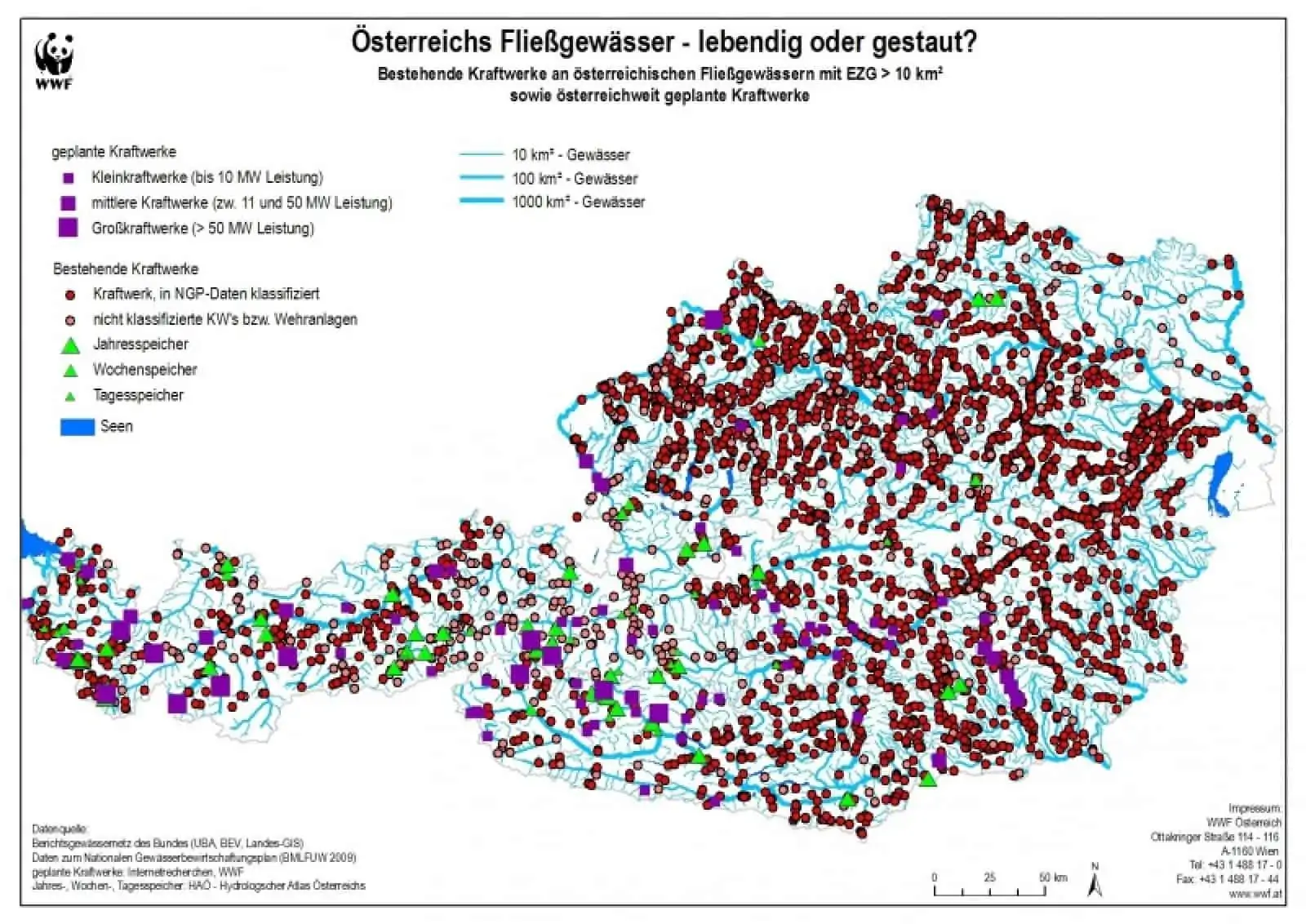 Bestehende und geplante Wasserkraftwerke in Österreich, © by WWF