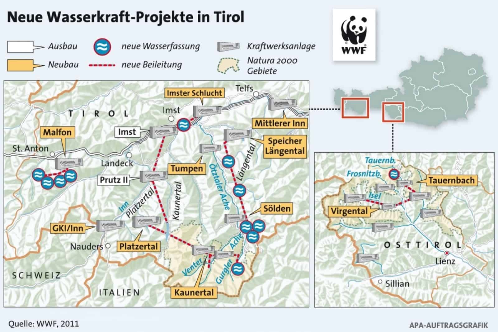 APA Grafik_Neue Wasserkraftprojekte in Tirol (c) WWF.jpg, © by WWF