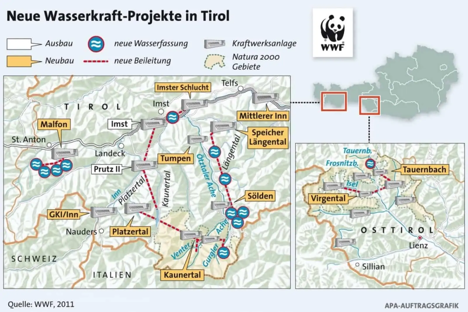 APA Grafik_Neue Wasserkraftprojekte in Tirol (c) WWF.jpg, © by WWF APA Grafik_Neue Wasserkraftprojekte in Tirol (c) WWF.jpg, © by WWF