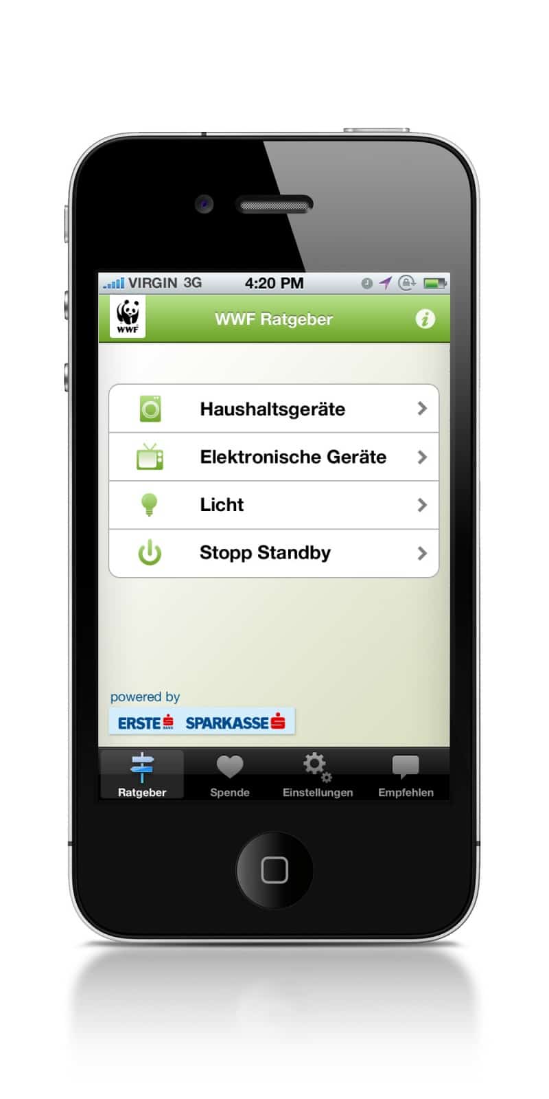 WWF Ratgeber-App Startscreen