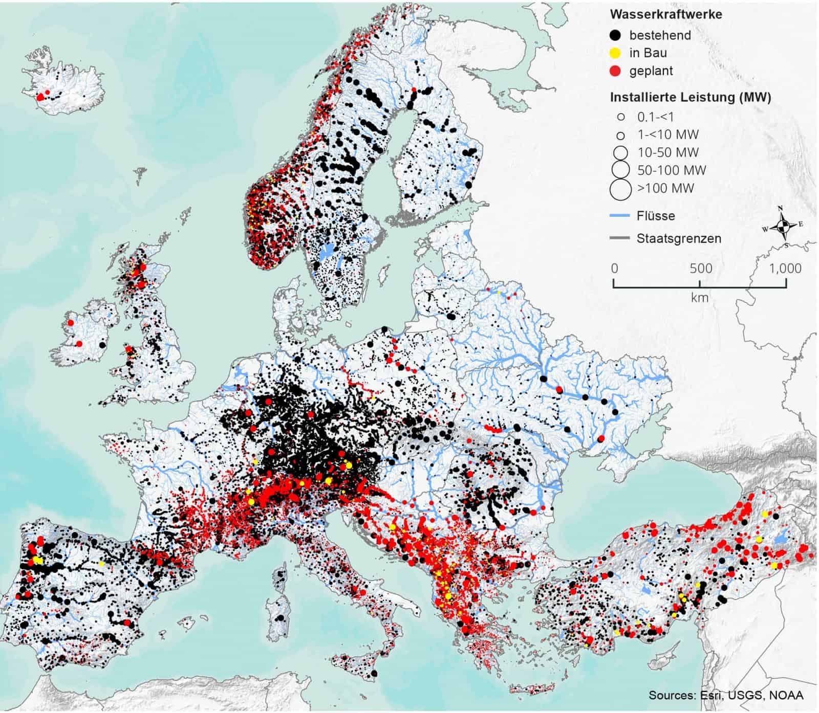 Grafik Wasserkraft in Europa, © by Esri, USGS, NOAA