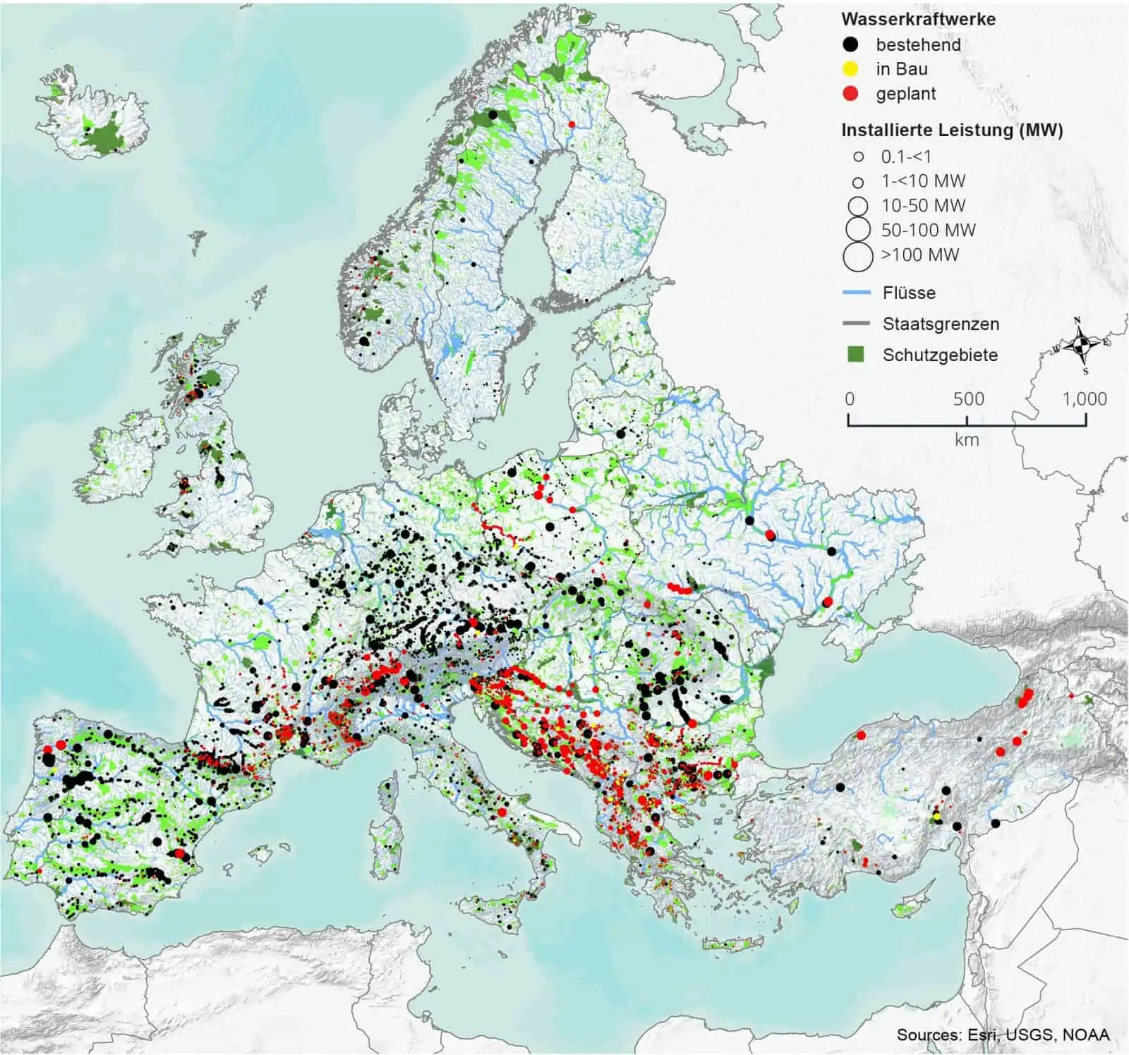 Grafik Wasserkraft in Schutzgebieten, © by Esri, USGS, NOAA