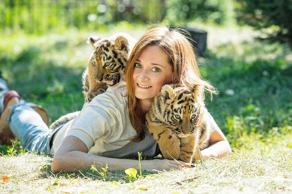 Frau kuschelt mit Tigerbabys