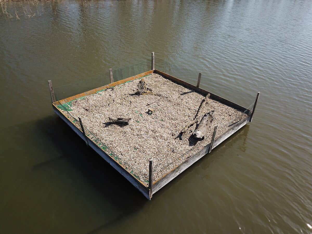 Brutfloß für Flussseeschwalben. (c) Walther Gastinger/WWF Auf dem Bild ist ein Brutfloß für Flussseeschwalben zu sehen. Es sieht aus wie eine kleine viereckige Insel, auf der Schotter aufgestreut ist. Auch ein paar Äste sind darauf drapiert. Das Floß schwimmt im Wasser und ist mit einer Art Zaun umrandet.
