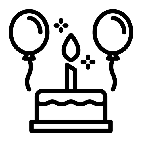 Icon mit Torte mit einer brennenden Kerze und zwei Luftballons