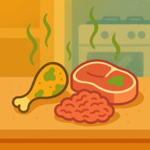 Ungenießbares Fleisch freiliegend in der Küche