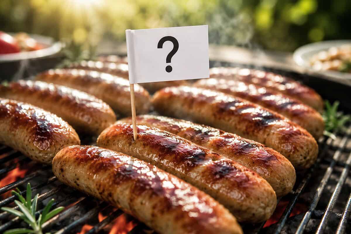 Würstchen am Grill mit einem Fähnchen auf dem ein Fragezeichen zu sehen ist