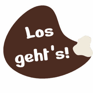 Dunkelbrauner Farbklecks mit dem Text Los geht's!