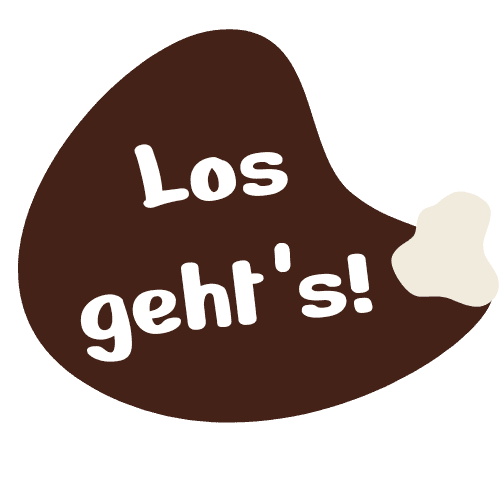 Dunkelbrauner Farbklecks mit dem Text Los geht's!