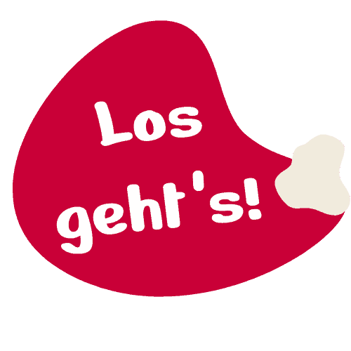 Roter Farbklecks mit dem Text Los geht's!