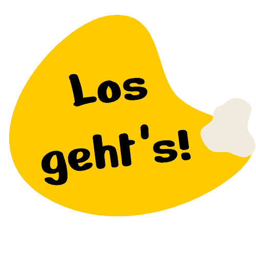 Gelber Farbklecks mit dem Text Los geht's!