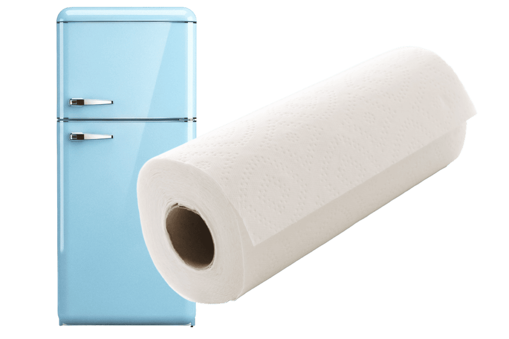 blauer Kühlschrank und Küchenrolle